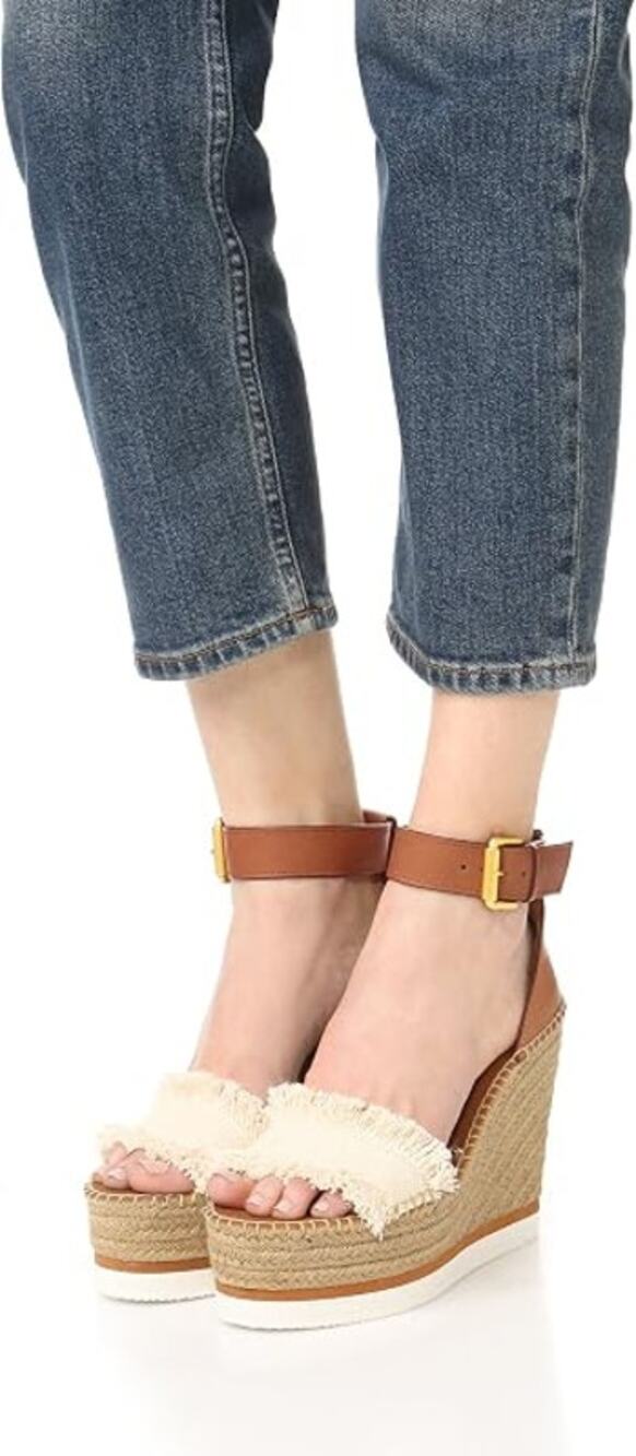 See by Chloé Glyn Leather Canvas Espadrille Wedge Sandals Tan Ivory Women's EU36